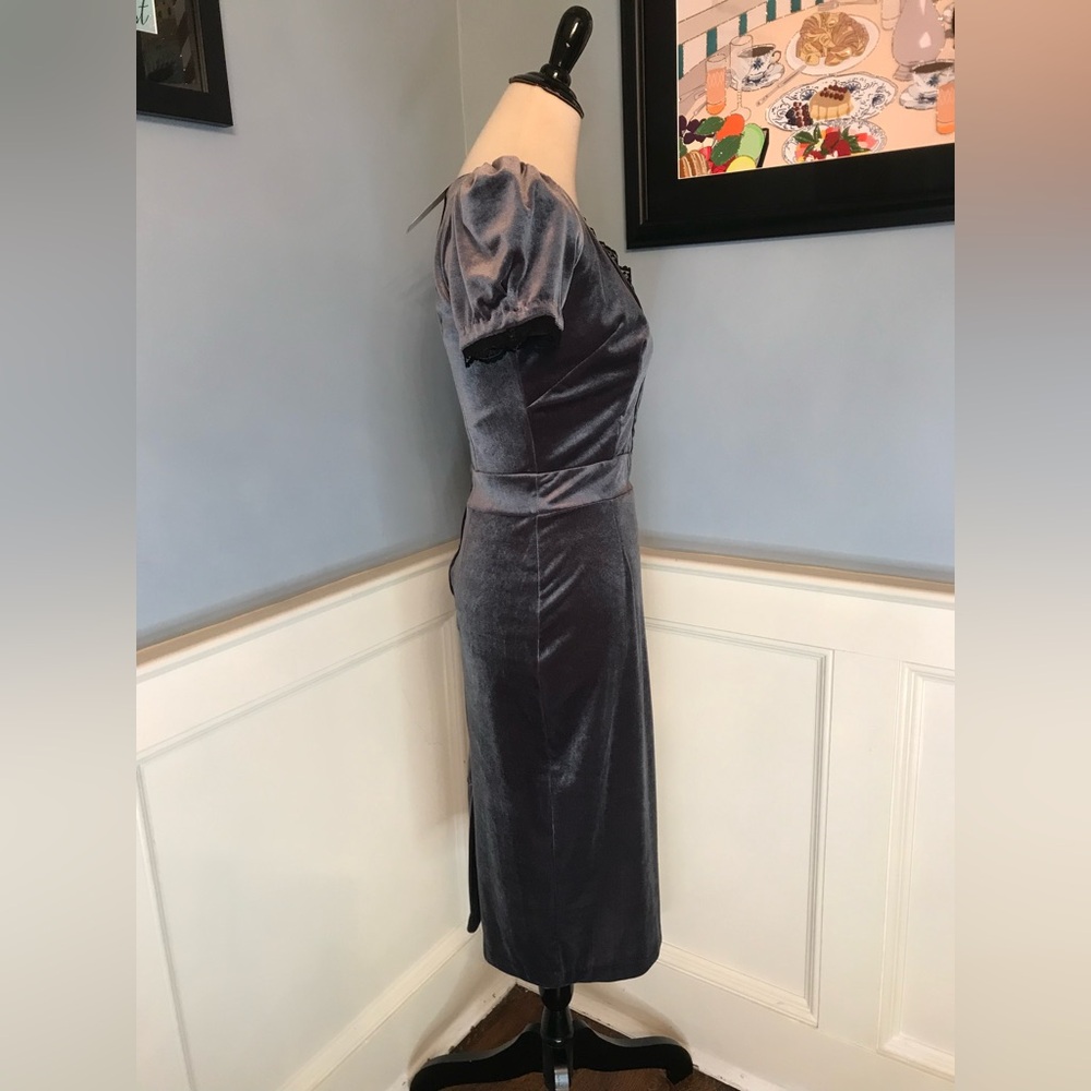 Laura Byrnes Pinup Couture Charcoal Velvet Midi Dress with Black Lace Trim - Picture 3 of 9